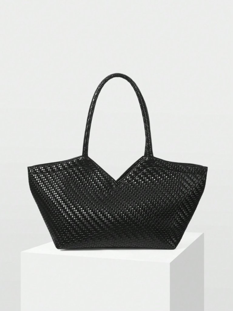 Black Woven-Effect Textured Tote Bag With Double Handles